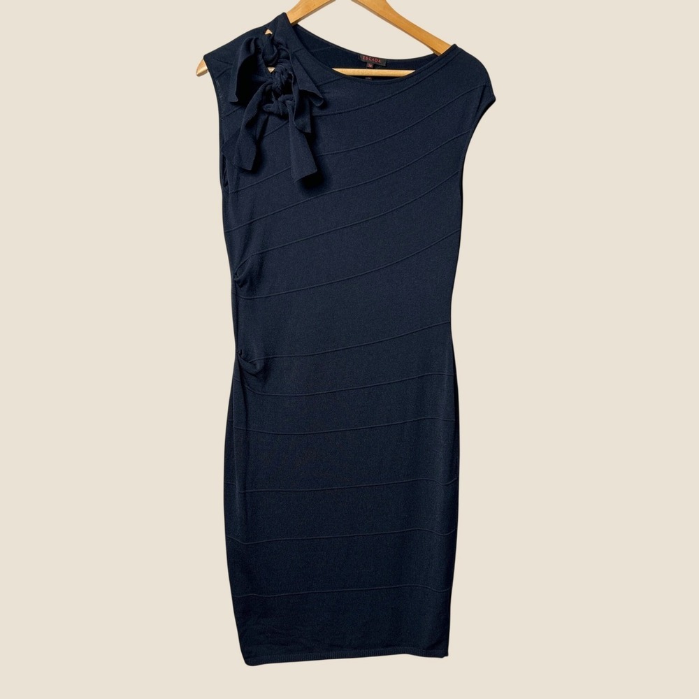 Escada Bow Shoulder Asymmetric Dress 36 Navy Diagonal Ribbed Knit Bodycon Italy